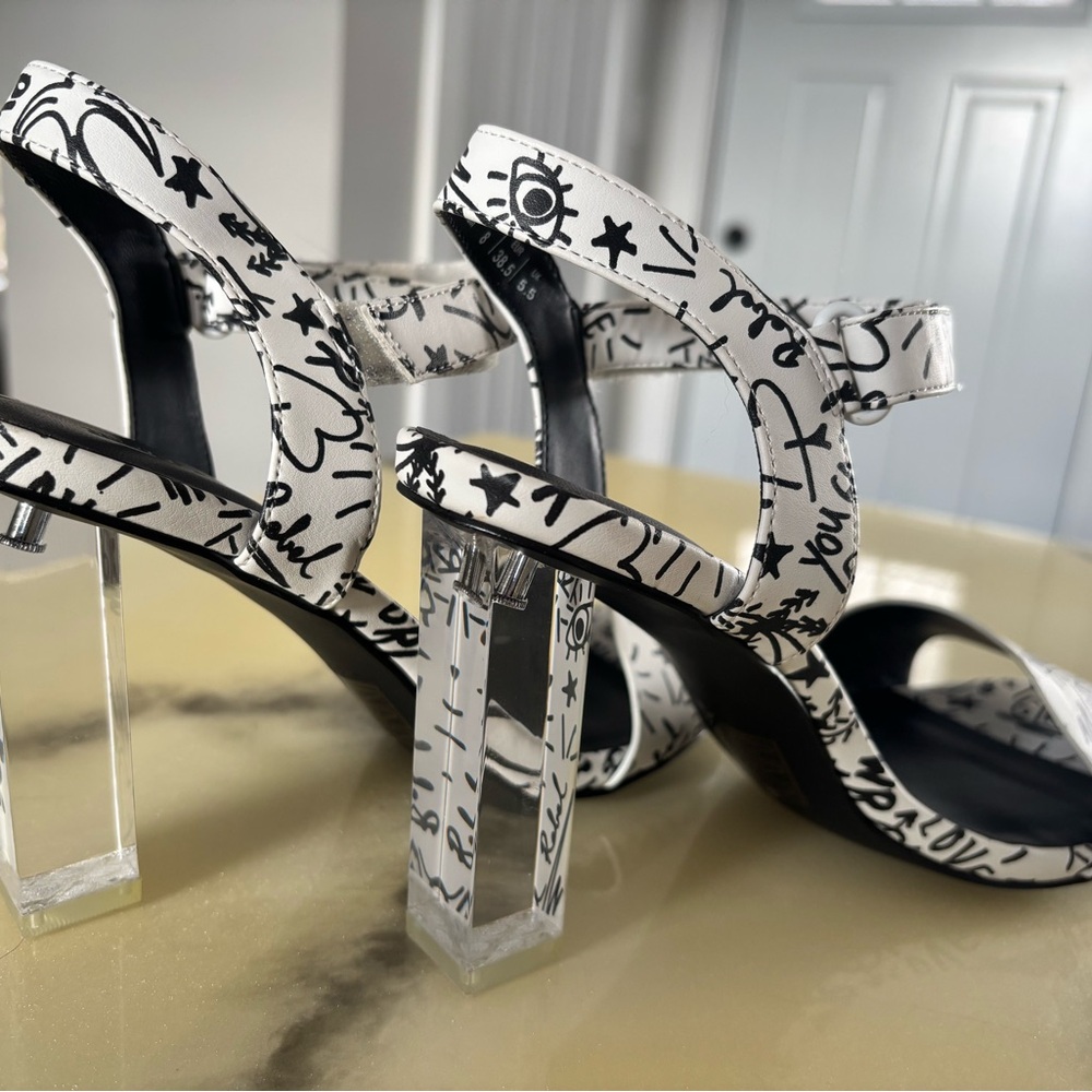 White and Black Graffiti Block Heel Sandals - Picture 4 of 5